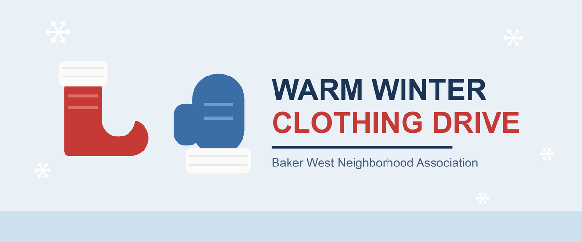 Illustration of a red winter sock and a blue mitten - Baker West Warm Winter Clothing Drive